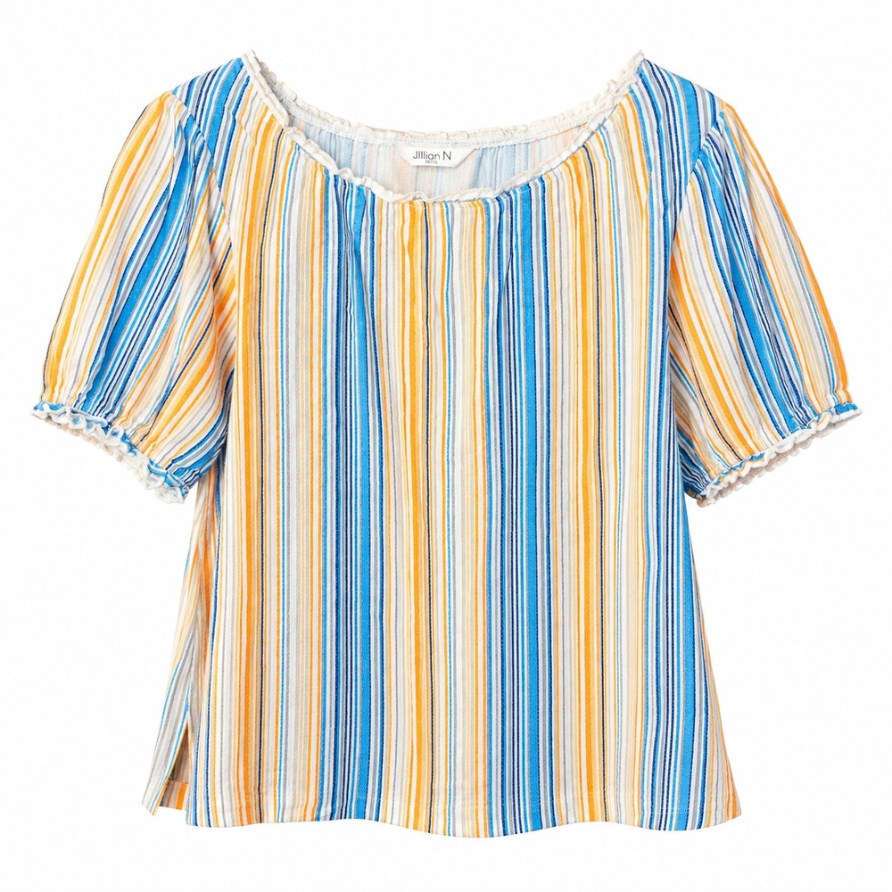 Jillian N Petite Blouse Womens Size PM Blue Orange Striped Scoop Neck Excellent
